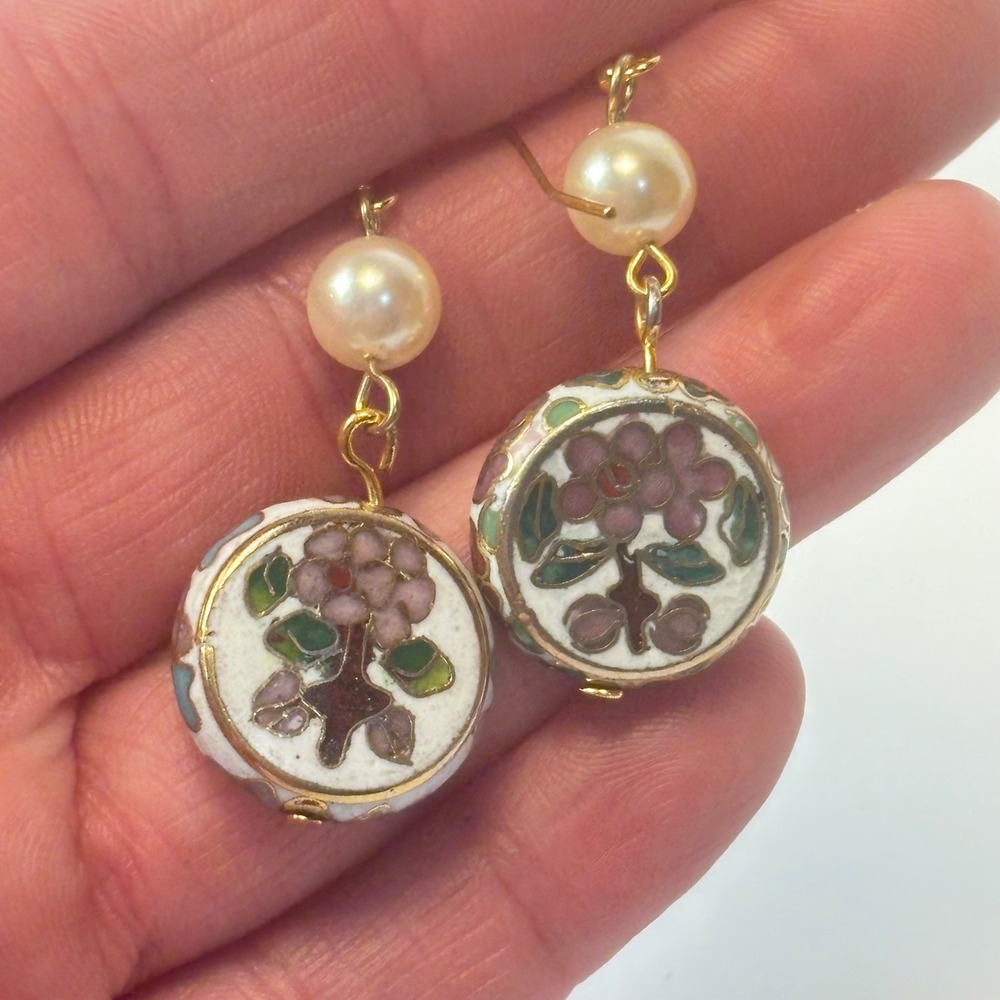 Vintage Cloisonne Enamel Dangle Earrings White Pink Floral Faux Pearl Boho Goth